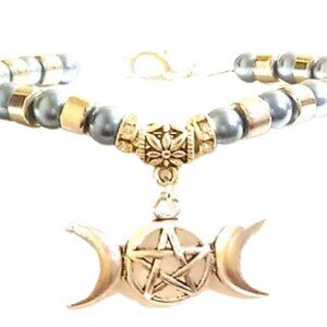 Triple Moon Goddess Beaded Bracelet (Blue & Silver)